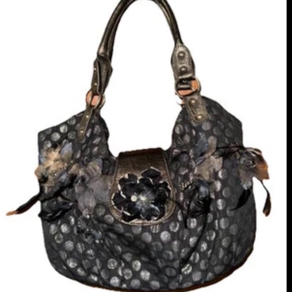 Hananel Black Floral Applique Hobo Shoulder Bag - Women